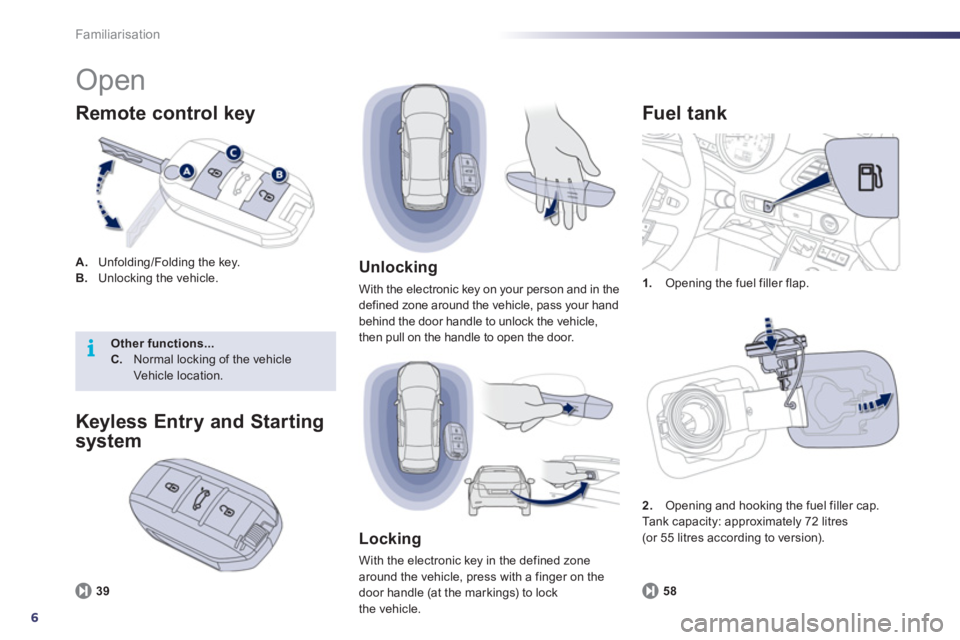 Peugeot 508 2011  Owners Manual - RHD (UK, Australia) 6
i
Familiarisation
  Open 
 
 
A. 
  Unfolding/Folding the key. 
   
B. 
  Unlocking the vehicle. 
 
 
Remote control key 
 
 
 
1. 
  Opening the fuel filler flap. 
 
 
Fuel t ank 
 
 
58 
 
 
 
 
U