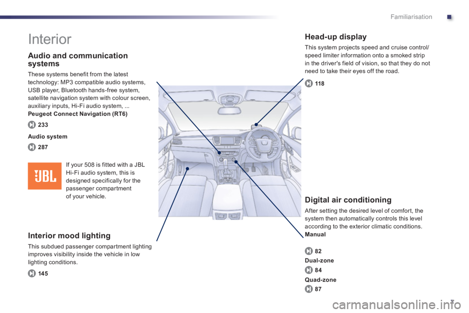 Peugeot 508 2011  Owners Manual - RHD (UK, Australia) .
7
Familiarisation
  Interior  
 
 
Interior mood lighting 
 
This subdued passenger compar tment lighting 
improves visibility inside the vehicle in low 
lighting conditions. 
   
Head-up display 
 