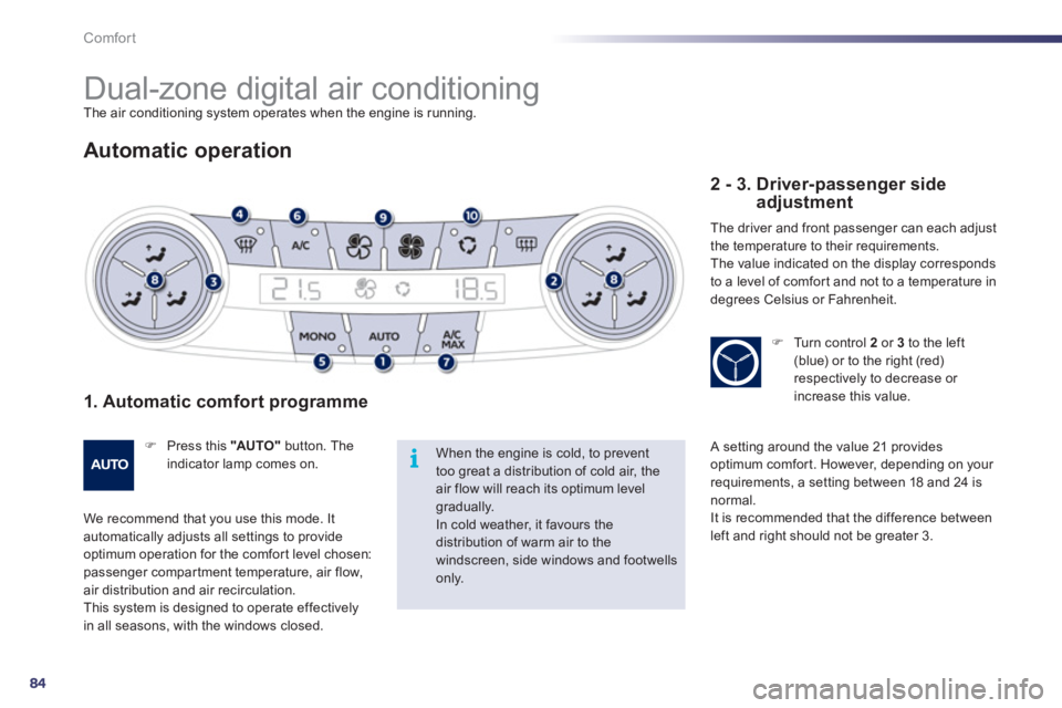 Peugeot 508 2011   - RHD (UK, Australia) User Guide 84
i
Comfort
   
 
 
 
 
Dual-zone digital air conditioning  
The air conditioning system operates when the engine is running. 
 
 
Automatic operation 
 
 
1. Automatic comfort programme 
 
 
 
�) 
 