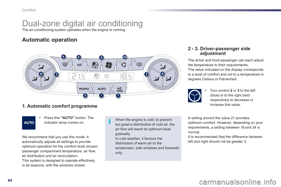 Peugeot 508 2011  Owners Manual - RHD (UK, Australia) 84
i
Comfort
   
 
 
 
 
Dual-zone digital air conditioning  
The air conditioning system operates when the engine is running. 
 
 
Automatic operation 
 
 
1. Automatic comfort programme 
 
 
 
�) 
 