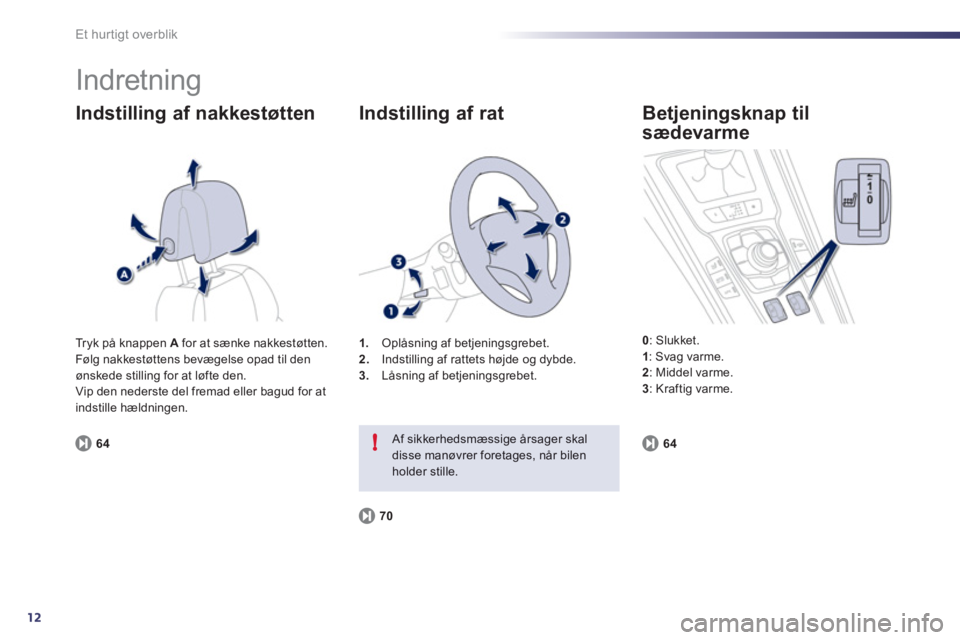 Peugeot 508 2011  Instruktionsbog (in Danish) 12
!
Et hur tigt overblik
  Indretning 
Indstilling af nakkestøtten 
64
1.Oplåsning af betjeningsgrebet. 
2.   Indstilling af rattets højde og dybde. 3. 
 Låsning af betjeningsgrebet.  
 
 
Indsti