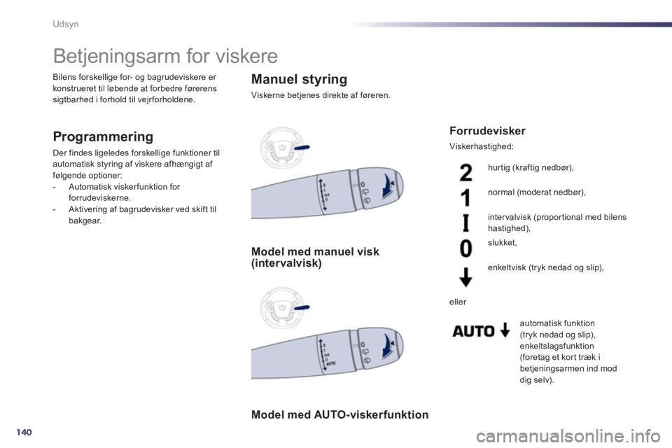 Peugeot 508 2011 Instruktionsbog (in Danish) 140
Udsyn
Betjeningsarm for viskere
Programmering
Der findes ligeledes forskellige funktioner til
automatisk styring af viskere afhængigt af følgende optioner:
- Automatisk visk Peugeot 508 2011 Instruktionsbog (in Danish) 140
Udsyn
Betjeningsarm for viskere
Programmering
Der findes ligeledes forskellige funktioner til
automatisk styring af viskere afhængigt af følgende optioner:
- Automatisk visk