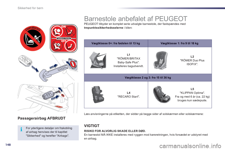 Peugeot 508 2011  Instruktionsbog (in Danish) 148
i
Sikkerhed for børn
Passagerairbag AFBRUDT  
 
 
For yderligere detaljer om frakoblingaf airbag henvises der til kapitlet "Sikkerhed" og herefter "Airbags". 
 
 
 
 
 
 
Barnestole anbefalet af 
