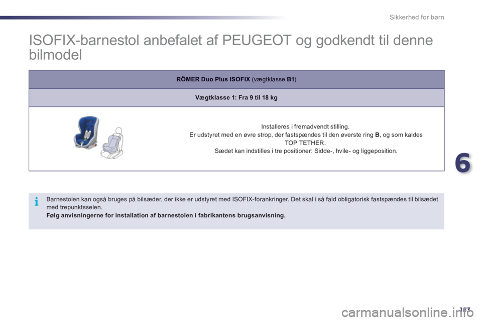 Peugeot 508 2011 Instruktionsbog (in Danish) 6
153
i
Sikkerhed for børn
ISOFIX-barnestol anbefalet af PEUGEOT og godkendt til denne
bilmodel
RÖMER DuoPlus ISOFIX(vægtklasse B1)
Vægtklasse 1: Fra 9 til 18 kg
Insta Peugeot 508 2011 Instruktionsbog (in Danish) 6
153
i
Sikkerhed for børn
ISOFIX-barnestol anbefalet af PEUGEOT og godkendt til denne
bilmodel
RÖMER DuoPlus ISOFIX(vægtklasse B1)
Vægtklasse 1: Fra 9 til 18 kg
Insta