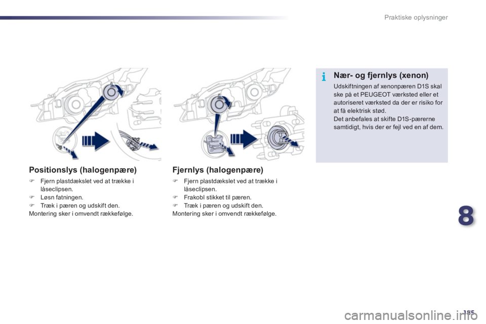 Peugeot 508 2011  Instruktionsbog (in Danish) 8
185
i
Praktiske oplysninger
Positionslys (halogenpære) 
�)Fjern plastdækslet ved at trække i
låseclipsen.
�)Løsn fatningen.�)Træk i pæren og udskift den.  
  Montering sker i omvendt rækkef