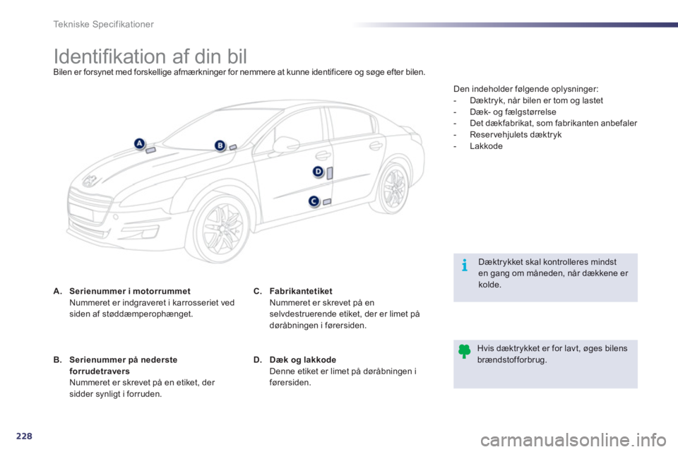 Peugeot 508 2011 Instruktionsbog (in Danish) 228
i
Te k n i s k e S p e c i f i k a t i o n e r
Identifi kation af din bil Bilen er forsynet med forskellige afmærkninger for nemmere at kunne ide Peugeot 508 2011 Instruktionsbog (in Danish) 228
i
Te k n i s k e S p e c i f i k a t i o n e r
Identifi kation af din bil Bilen er forsynet med forskellige afmærkninger for nemmere at kunne ide
