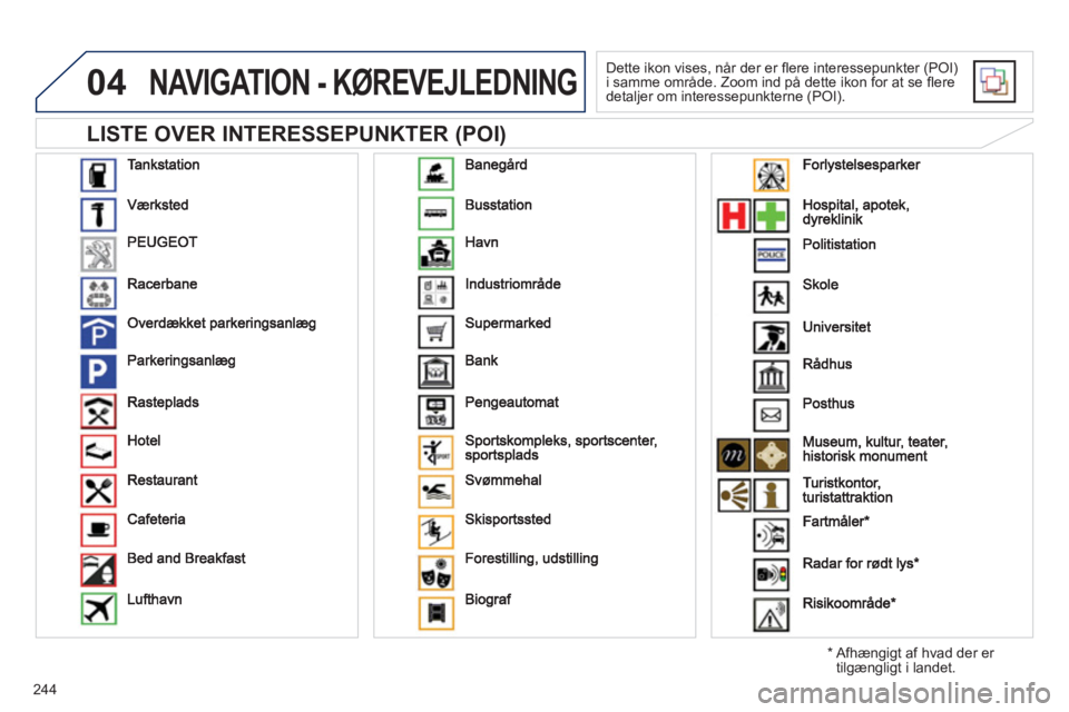 Peugeot 508 2011 Instruktionsbog (in Danish) 244
04
LISTE OVER INTERESSEPUNKTER (POI)
NAVIGATION - KØREVEJLEDNING
Dette ikon vises, når der er fl ere interessepunkter (POI)i samme område. Zoom ind på dette ikon for at se fl ere
det Peugeot 508 2011 Instruktionsbog (in Danish) 244
04
LISTE OVER INTERESSEPUNKTER (POI)
NAVIGATION - KØREVEJLEDNING
Dette ikon vises, når der er fl ere interessepunkter (POI)i samme område. Zoom ind på dette ikon for at se fl ere
det