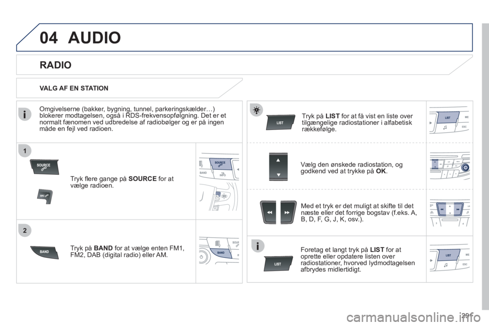 Peugeot 508 2011 Instruktionsbog (in Danish) 291
1
2
04AUDIO
Tryk fl ere gange på SOURCE
for at
vælge radioen.
Tr
yk på BANDfor at vælge enten FM1, FM2, DAB (digital radio) eller AM. Tr
yk påLIST for at få vist en liste over
tilg Peugeot 508 2011 Instruktionsbog (in Danish) 291
1
2
04AUDIO
Tryk fl ere gange på SOURCE
for at
vælge radioen.
Tr
yk på BANDfor at vælge enten FM1, FM2, DAB (digital radio) eller AM. Tr
yk påLIST for at få vist en liste over
tilg