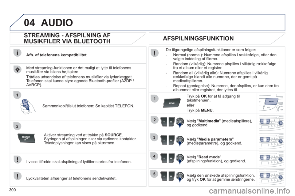 Peugeot 508 2011 Instruktionsbog (in Danish) 300
04
1
2
1
2
3
4
5
AUDIO
STREAMING - AFSPILNING AF
MUSIKFILER VIA BLUETOOTH
Afh. af telefonens kompatibilitet
Sammenkobl/tilslut telefonen: Se ka
pitlet TELEFON. Med streamin
g-fun Peugeot 508 2011 Instruktionsbog (in Danish) 300
04
1
2
1
2
3
4
5
AUDIO
STREAMING - AFSPILNING AF
MUSIKFILER VIA BLUETOOTH
Afh. af telefonens kompatibilitet
Sammenkobl/tilslut telefonen: Se ka
pitlet TELEFON. Med streamin
g-fun