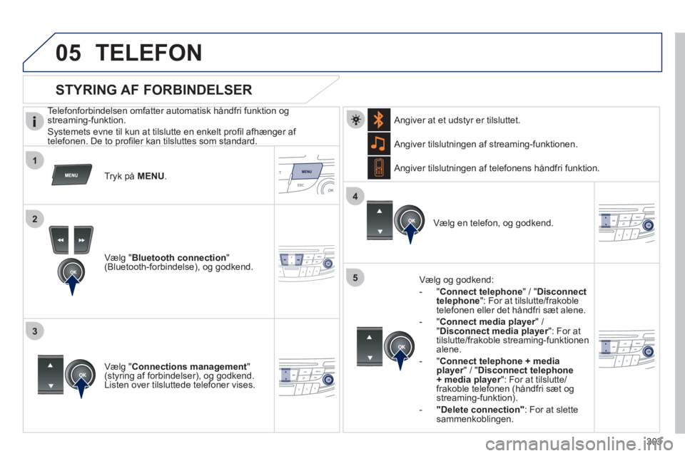 Peugeot 508 2011  Instruktionsbog (in Danish) 303
 
 
1
2
3
4
05
5
TELEFON 
   
Telefonforbindelsen omfatter automatisk håndfri funktion og åstreaming-funktion.
 
Systemets evne til kun at tilslutte en enkelt proﬁ l afhÊnger af 
telefonen. D