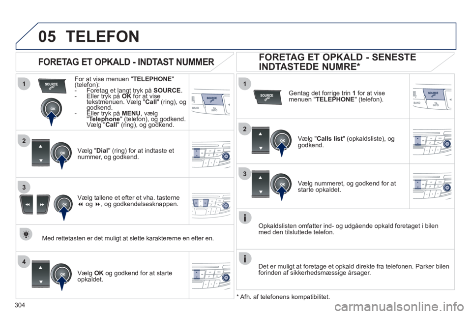 Peugeot 508 2011 Instruktionsbog (in Danish) 304
1
2
1
4
2
3
3
05TELEFON
For at vise menuen " TELEPHONE"(telefon):- Foretag et langt tryk på ()SOURCE.- Eller tryk på ggOKgg for at vise ypyp
tekstmenuen. Vælg "ypCall " (ring), o Peugeot 508 2011 Instruktionsbog (in Danish) 304
1
2
1
4
2
3
3
05TELEFON
For at vise menuen " TELEPHONE"(telefon):- Foretag et langt tryk på ()SOURCE.- Eller tryk på ggOKgg for at vise ypyp
tekstmenuen. Vælg "ypCall " (ring), o