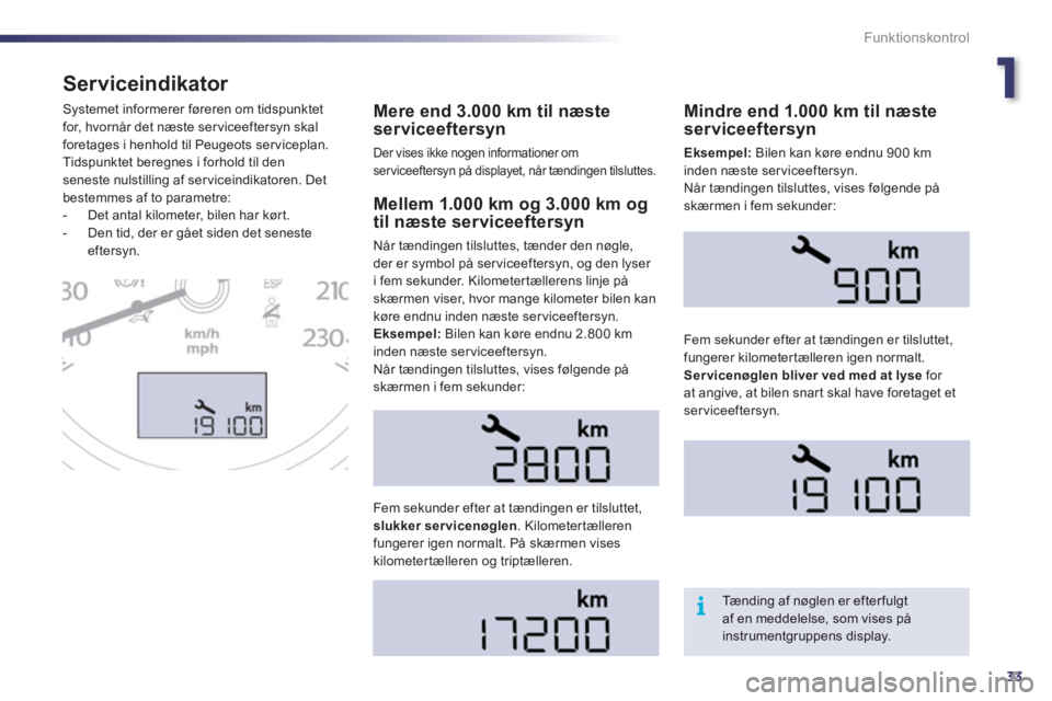 Peugeot 508 2011  Instruktionsbog (in Danish) 1
33
i
Funktionskontrol
Serviceindikator 
Mere end 3.000 km til næste
serviceeftersyn
Der vises ikke nogen informationer om serviceeftersyn på displayet, når tændingen tilsluttes.
  Systemet infor