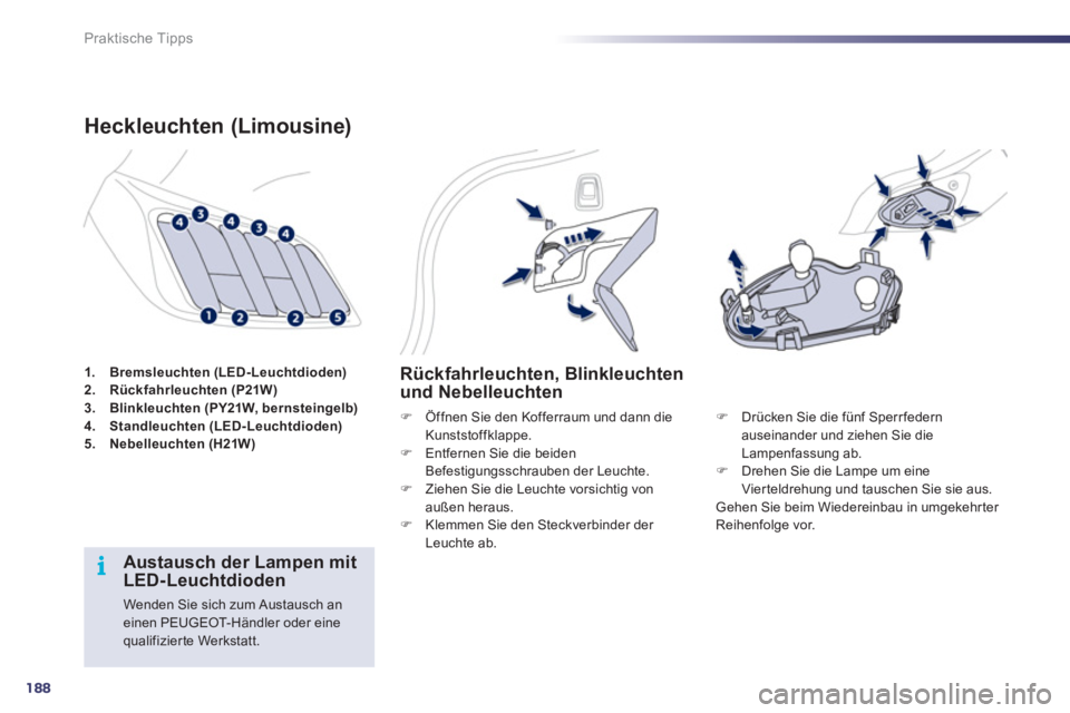 Peugeot 508 2011  Betriebsanleitung (in German) 188
i
Praktische Tipps
   
 
1. 
  Bremsleuchten (LED-Leuchtdioden) 
 
   
2. 
  Rückfahrleuchten (P21W) 
 
   
3. 
  Blinkleuchten (PY21W, bernsteingelb) 
 
   
4. 
  Standleuchten (LED-Leuchtdioden