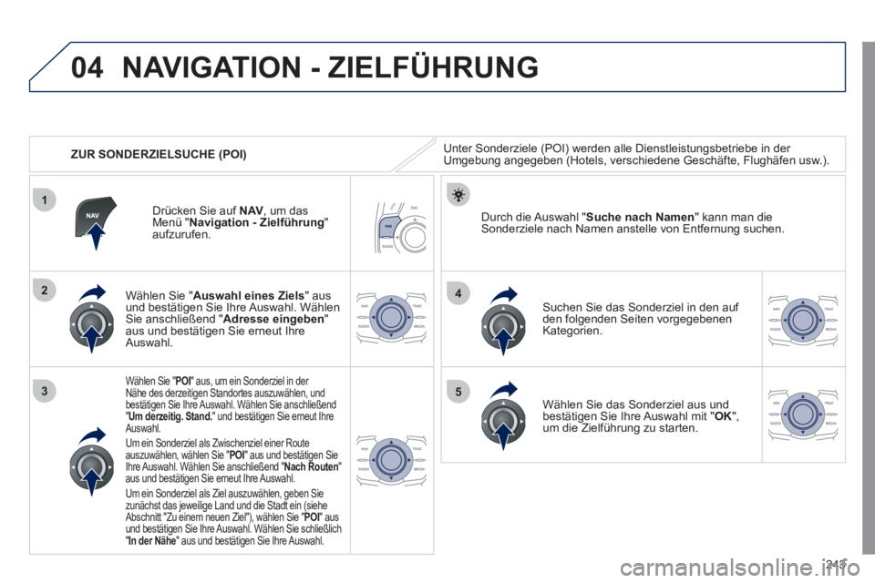 Peugeot 508 2011  Betriebsanleitung (in German) 243
04
1
3
4
5
2
   
 
ZUR SONDERZIELSUCHE (POI) 
 
NAVIGATION - ZIELFÜHRUNG 
 
Unter Sonderziele (POI) werden alle Dienstleistungsbetriebe in der 
Umgebung angegeben (Hotels, verschiedene Geschäfte