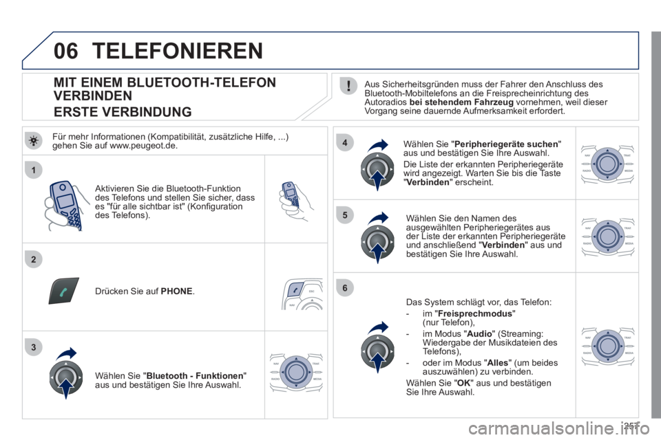Peugeot 508 2011  Betriebsanleitung (in German) 257
1
2
5
6
3
4
06
   
 
 
 
 
 
 
 
 
 
 
 
 
 
 
MIT EINEM BLUETOOTH-TELEFON 
VERBINDEN  
ERSTE VERBINDUNG    
Aus Sicherheitsgründen muss der Fahrer den Anschluss des 
Bluetooth-Mobiltelefons an d