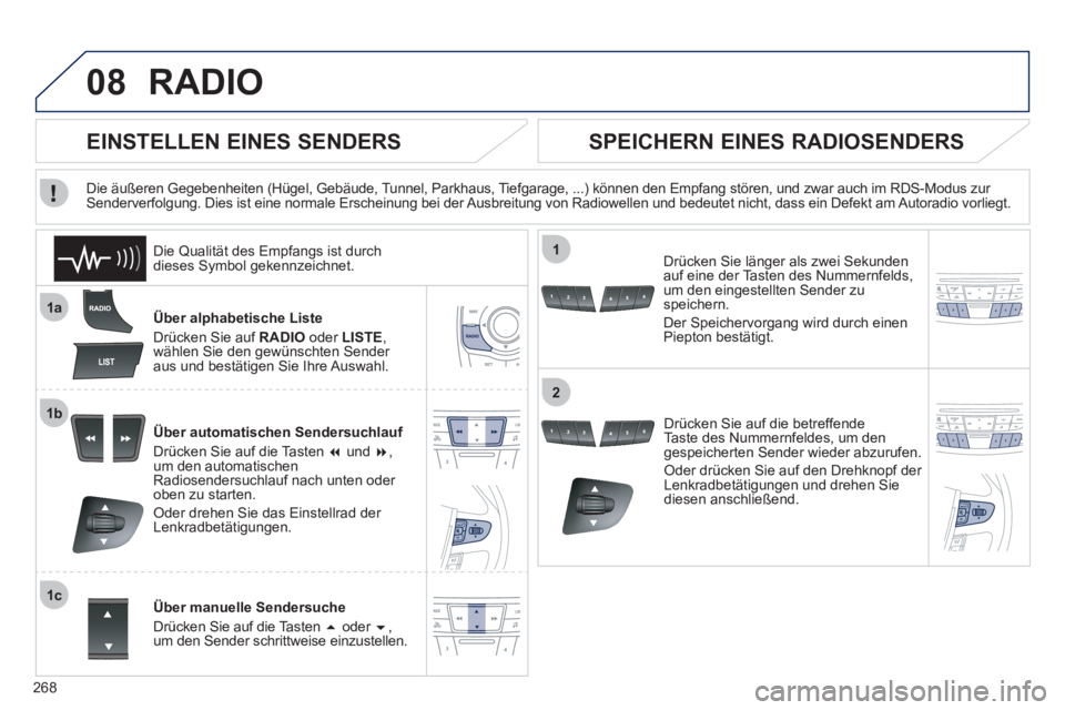 Peugeot 508 2011  Betriebsanleitung (in German) 268
08
1a
1b
1c
1
2
  RADIO 
 
 
Über alphabetische Liste 
  Drücken Sie auf  RADIO 
 oder  LISTE 
, 
wählen Sie den gewünschten Sender 
aus und bestätigen Sie Ihre Auswahl.  
   
Über automatis
