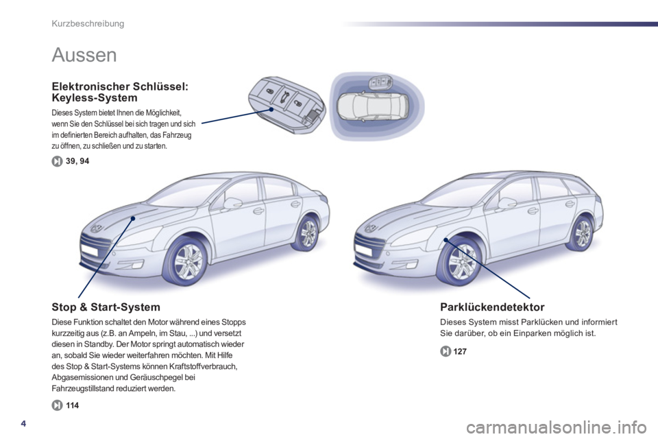 Peugeot 508 2011 Betriebsanleitung (in German) 4
Kurzbeschreibung
Elektronischer Schlüssel:
Keyless- System
Dieses System bietet Ihnen die Möglichkeit,
wenn Sie den Schlüssel bei sich tragen und sich
im definierten Bereich aufhalten, Peugeot 508 2011 Betriebsanleitung (in German) 4
Kurzbeschreibung
Elektronischer Schlüssel:
Keyless- System
Dieses System bietet Ihnen die Möglichkeit,
wenn Sie den Schlüssel bei sich tragen und sich
im definierten Bereich aufhalten,