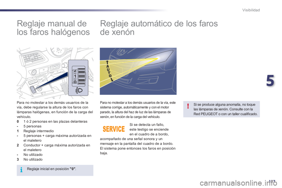Peugeot 508 2011 Manual del propietario (in Spanish) 5
137
i
!
Visibilidad
Reglaje manual de
los faros halógenos
Reglaje automático de los faros
de xenón
Para no molestar a los demás usuarios de la
vía, debe Peugeot 508 2011 Manual del propietario (in Spanish) 5
137
i
!
Visibilidad
Reglaje manual de
los faros halógenos
Reglaje automático de los faros
de xenón
Para no molestar a los demás usuarios de la
vía, debe