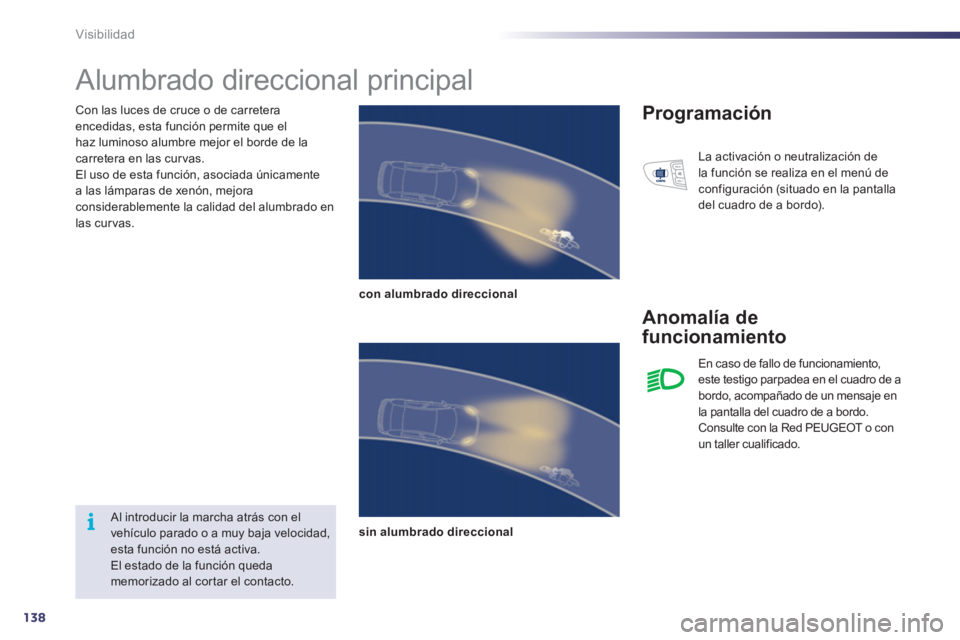 Peugeot 508 2011 Manual del propietario (in Spanish) 138
i
Visibilidad
Con las luces de cruce o de carretera
encedidas, esta función permite que el
haz luminoso alumbre mejor el borde de la
carretera en las curvas.
El uso de esta función, as Peugeot 508 2011 Manual del propietario (in Spanish) 138
i
Visibilidad
Con las luces de cruce o de carretera
encedidas, esta función permite que el
haz luminoso alumbre mejor el borde de la
carretera en las curvas.
El uso de esta función, as