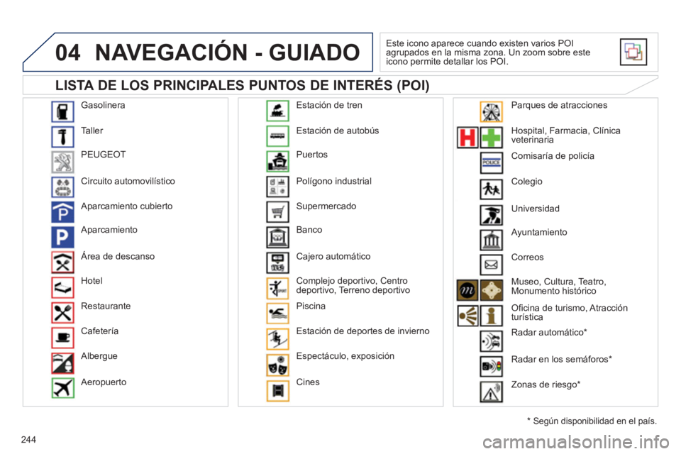 Peugeot 508 2011 Manual del propietario (in Spanish) 244
04
Gasolinera
Taller
PEUGEOT
Circuito automovilístico
Aparcamiento cubierto
Aparcamiento
Área de descanso
Hotel
Restaurante
Cafetería
Albergue
Aeropue Peugeot 508 2011 Manual del propietario (in Spanish) 244
04
Gasolinera
Taller
PEUGEOT
Circuito automovilístico
Aparcamiento cubierto
Aparcamiento
Área de descanso
Hotel
Restaurante
Cafetería
Albergue
Aeropue
