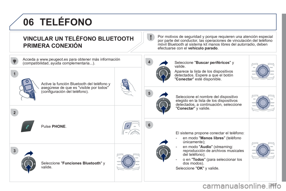 Peugeot 508 2011  Manual del propietario (in Spanish) 257
1
2
5
6
3
4
06
   
 
 
 
 
 
 
 
 
 
 
 
 
 
 
VINCULAR UN TELÉFONO BLUETOOTH  
PRIMERA CONEXIÓN    
Por motivos de seguridad y porque requieren una atención especial 
por parte del conductor, 