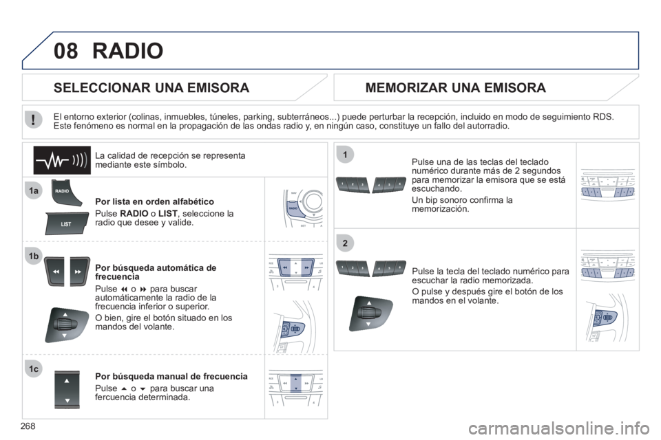 Peugeot 508 2011  Manual del propietario (in Spanish) 268
08
1a
1b
1c
1
2
  RADIO 
 
 
Por lista en orden alfabético 
  Pulse  RADIO 
 o  LIST 
, seleccione la 
radio que desee y valide.  
   
Por búsqueda automática de 
frecuencia 
  Pulse  � 
 o  �