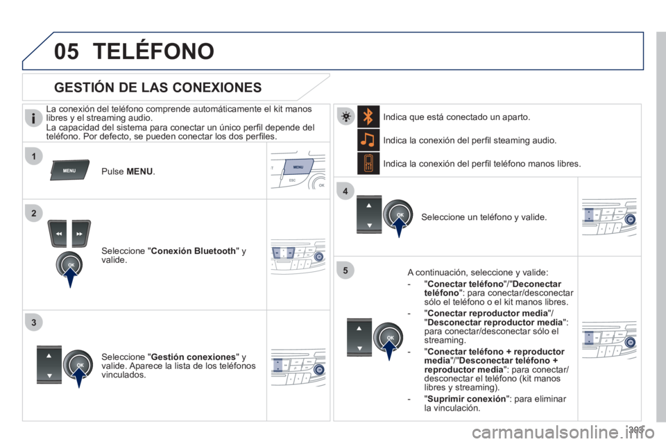 Peugeot 508 2011  Manual del propietario (in Spanish) 303
 
 
1
2
3
4
05
5
  TELÉFONO 
 
 
La conexión del teléfono comprende automáticamente el kit manos 
libres y el streaming audio. 
  La capacidad del sistema para conectar un único perﬁ l depe