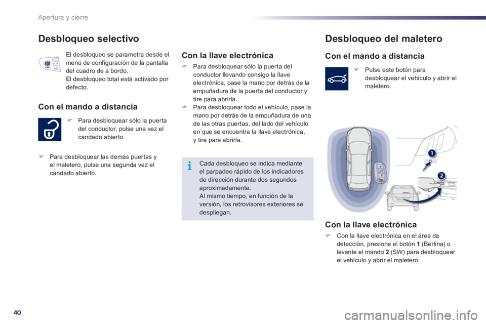 Peugeot 508 2011  Manual del propietario (in Spanish) 40
i
Apertura y cierre
   
 
 
 
 
 
 
 
 
Desbloqueo selectivo 
 
 
 
�) 
  Para desbloquear sólo la puerta 
del conductor, pulse una vez el 
candado abierto. 
   
Con el mando a distancia 
 
El des