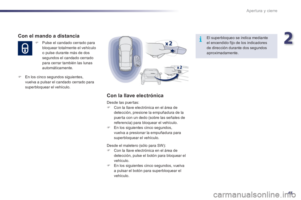 Peugeot 508 2011  Manual del propietario (in Spanish) 2
43
i
Apertura y cierre
   
El superbloqueo se indica mediante 
el encendido fijo de los indicadores 
de dirección durante dos segundos 
aproximadamente.  
  
 
Con el mando a distancia 
 
 
 
�) 
 