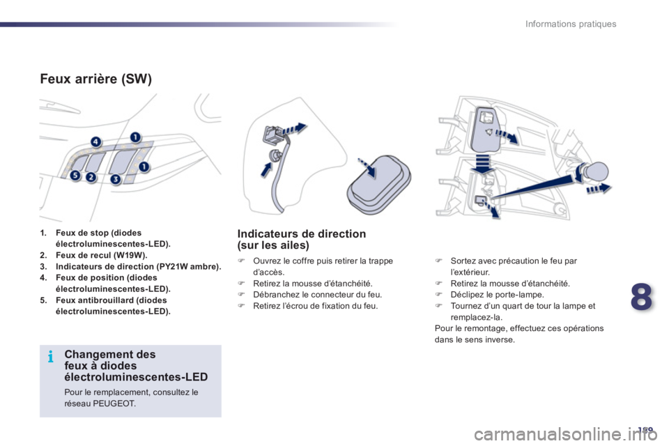 Peugeot 508 2011  Manuel du propriétaire (in French) 8
189
i
Informations pratiques
1.Feux de stop (diodes
électroluminescentes-LED).2.Feux de recul (W19W).3.Indicateurs de direction (PY21W ambre).4.Feux de position (diodes
électroluminescentes-LED).5