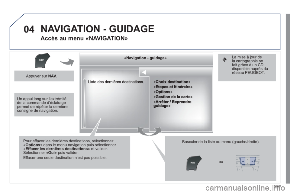 Peugeot 508 2011  Manuel du propriétaire (in French) 239
04
««««««««««««gggggggggggggggNavigation  guidageNavigation guidageNavigation guidageNavigation guidageNavigation guidageNavigation - guidageNavigation - guidageNavigation - guidageNav