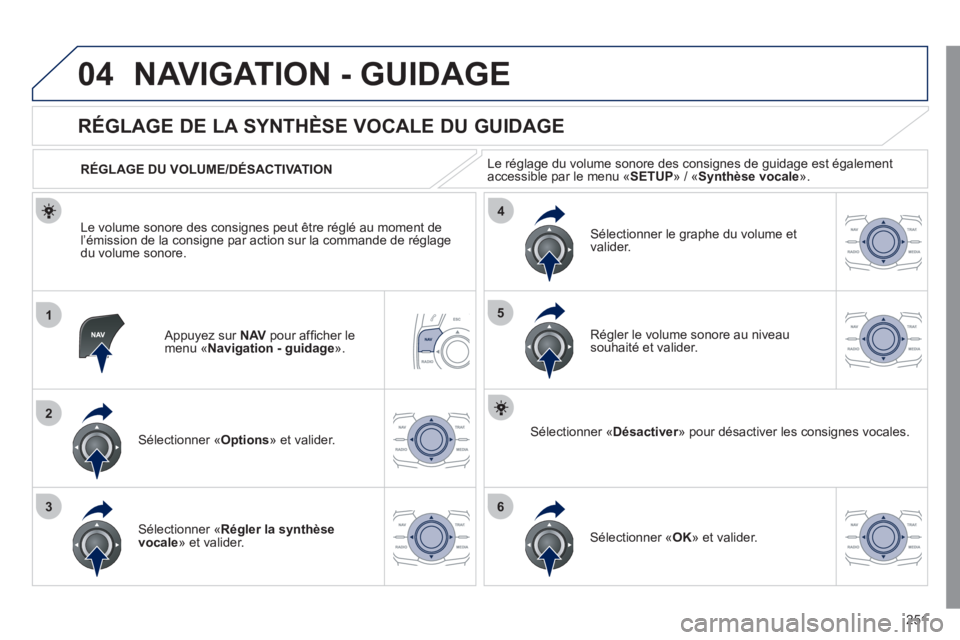 Peugeot 508 2011  Manuel du propriétaire (in French) 251
04
1
2
36
4
5
NAVIGATION - GUIDAGE
   Appuyez sur  NAV 
 pour afﬁ cher le menu «Navigation - guidage».
 
 
 
 
 
 
 
RÉGLAGE DE LA SYNTHÈSE VOCALE DU GUIDAGE 
Sélectionner «Options 
» et 