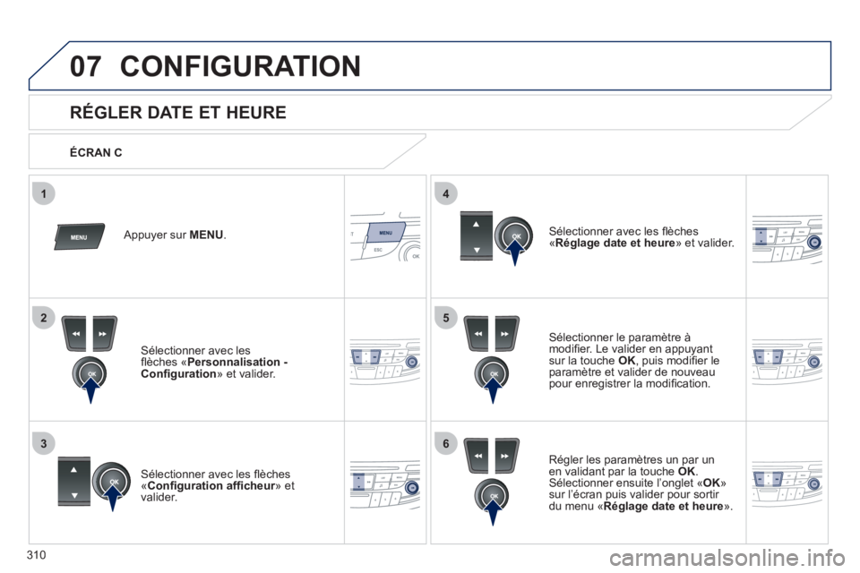 Peugeot 508 2011  Manuel du propriétaire (in French) 310
5
63
4
07
2
1
CONFIGURATION 
   
 
 
 
 
 
 
 
 
RÉGLER DATE ET HEURE 
Sélectionner le paramètre à
modiﬁ er. Le valider en appuyantsur la touche OK 
, puis modiﬁ er le
paramètre et valide