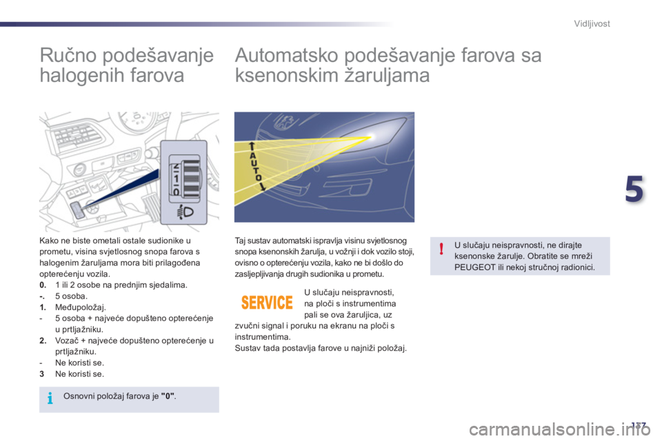 Peugeot 508 2011  Vodič za korisnike (in Croatian) 5
137
i
!
Vidljivost
   
 
 
 
 
 
Ručno podešavanje 
halogenih farova    
 
 
 
 
 
 
 
Automatsko podešavanje farova sa 
ksenonskim žaruljama 
   Kako ne biste ometali ostale sudionike u prometu