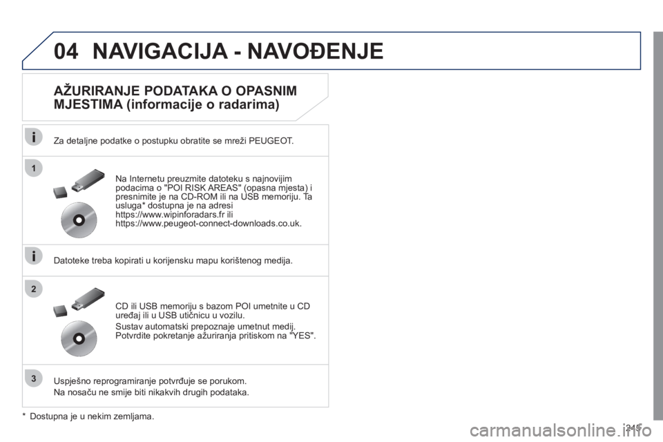 Peugeot 508 2011 Vodič za korisnike (in Croatian) 245
04
1
3
2
NAVIGACIJA - NAVOĐENJE
AŽURIRANJE PODATAKA O OPASNIM
MJESTIMA (informacije o radarima)
Za detaljne podatke o postupku obratite se mreži PEUGEOT.
Datoteke treba kopirati Peugeot 508 2011 Vodič za korisnike (in Croatian) 245
04
1
3
2
NAVIGACIJA - NAVOĐENJE
AŽURIRANJE PODATAKA O OPASNIM
MJESTIMA (informacije o radarima)
Za detaljne podatke o postupku obratite se mreži PEUGEOT.
Datoteke treba kopirati