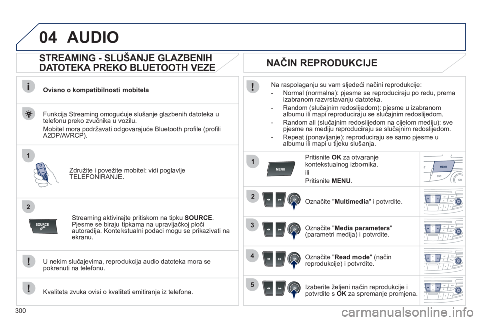 Peugeot 508 2011  Vodič za korisnike (in Croatian) 300
04
1
2
1
2
3
4
5
AUDIO 
   
 
 
 
 
 
STREAMING - SLUŠANJE GLAZBENIH 
DATOTEKA PREKO BLUETOOTH VEZE 
Ovisno o kompatibilnosti mobitela
Združite i povežite mobitel: vidi po
glavlje
TELEFONIRANJE