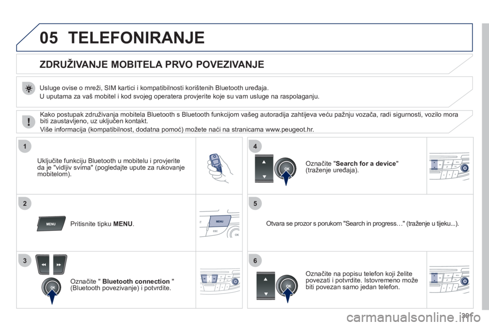 Peugeot 508 2011  Vodič za korisnike (in Croatian) 301
05
1
25
3
4
6
TELEFONIRANJE 
   
 
 
 
 
 
 
 
 
ZDRUŽIVANJE MOBITELA  
 PRVO POVEZIVANJE 
 
 
Usluge ovise o mreži, SIM kartici i kompatibilnosti korištenih Bluetooth uređaja. 
  U uputama za
