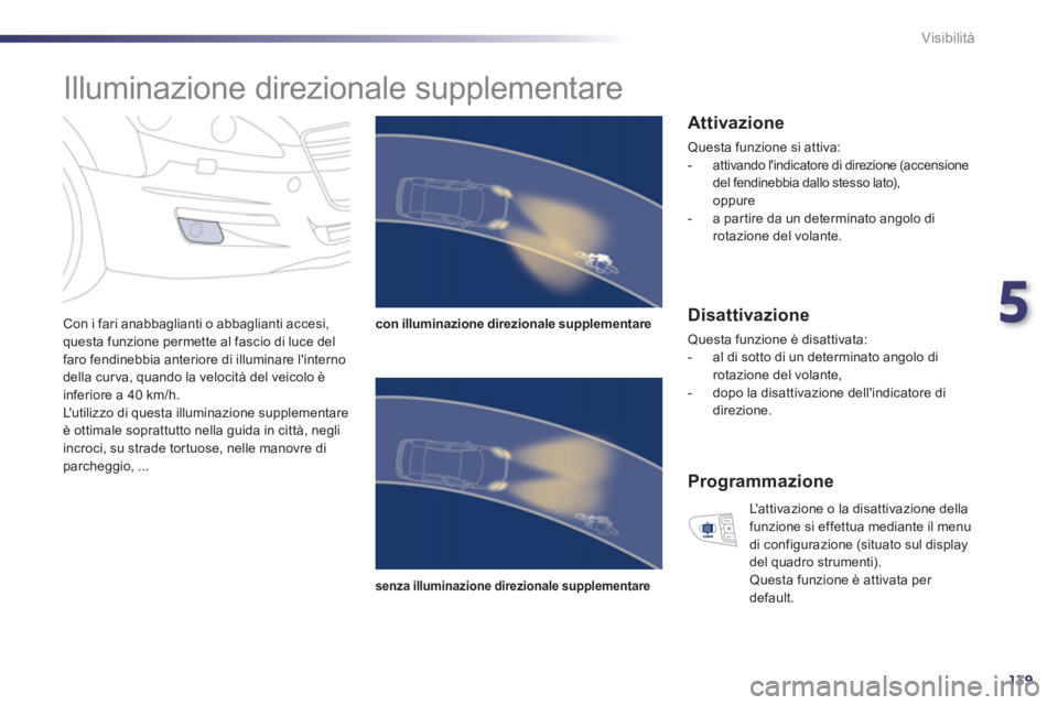 Peugeot 508 2011 Manuale del proprietario (in Italian) 5
139
Visibilità
Illuminazione direzionale supplementare
Con i fari anabbaglianti o abbaglianti accesi,
questa funzione permette al fascio di luce del
faro fendinebbia anteriore di Peugeot 508 2011 Manuale del proprietario (in Italian) 5
139
Visibilità
Illuminazione direzionale supplementare
Con i fari anabbaglianti o abbaglianti accesi,
questa funzione permette al fascio di luce del
faro fendinebbia anteriore di