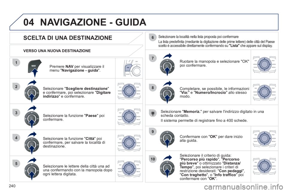 Peugeot 508 2011 Manuale del proprietario (in Italian) 240
04
1
2
3
4
5
7
9
10
8
6
Premere NAV
per visualizzare il
menu " Navigazione - guida
".
VERSO UNA NUOVA DESTINAZIONE
NAVIGAZIONE - GUIDA
SCELTA DI UNA D Peugeot 508 2011 Manuale del proprietario (in Italian) 240
04
1
2
3
4
5
7
9
10
8
6
Premere NAV
per visualizzare il
menu " Navigazione - guida
".
VERSO UNA NUOVA DESTINAZIONE
NAVIGAZIONE - GUIDA
SCELTA DI UNA D