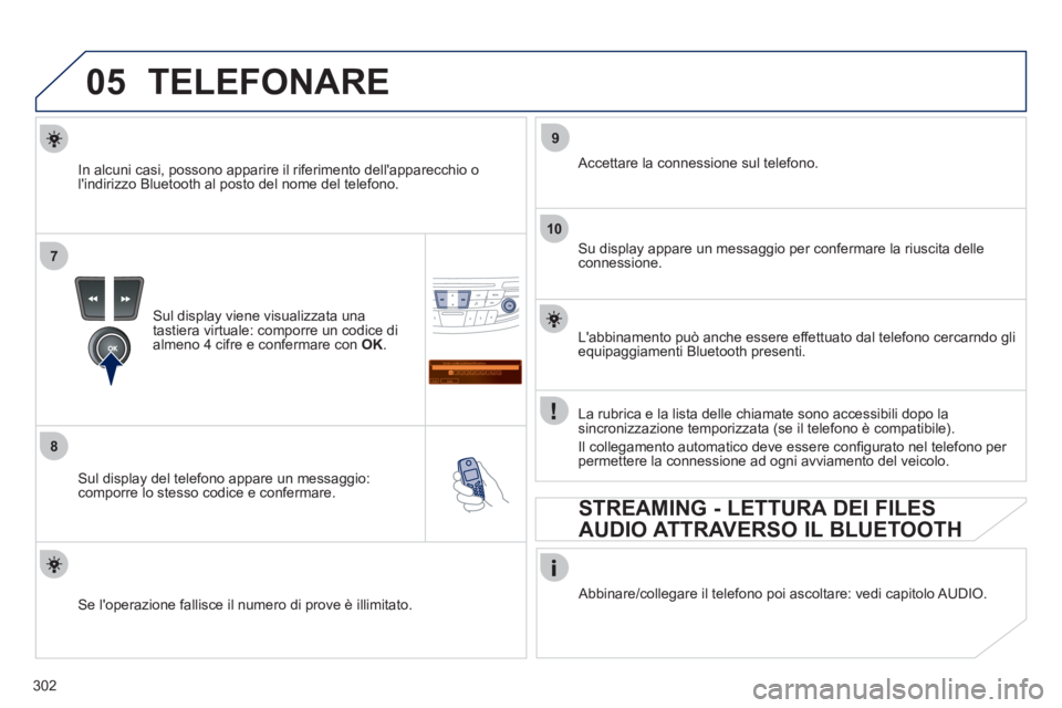 Peugeot 508 2011 Manuale del proprietario (in Italian) 302
05
7
8
Saisir code authentification
01
OK Del23456789 _
9
10
TELEFONARE
Sul display viene visualizzata una
tastiera virtuale: comporre un codice di
almeno 4 cifre e confermare con OK
. Peugeot 508 2011 Manuale del proprietario (in Italian) 302
05
7
8
Saisir code authentification
01
OK Del23456789 _
9
10
TELEFONARE
Sul display viene visualizzata una
tastiera virtuale: comporre un codice di
almeno 4 cifre e confermare con OK
.
