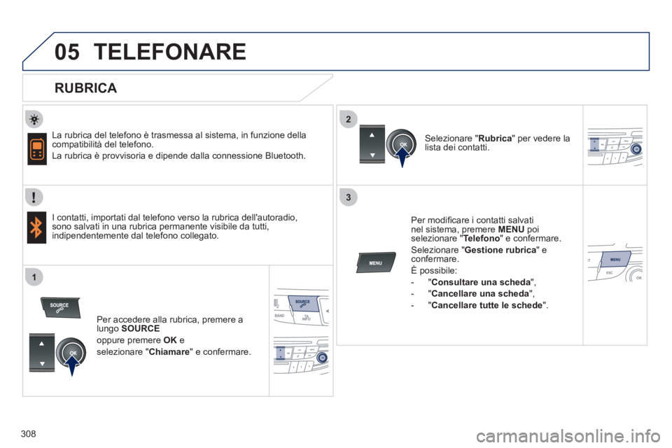 Peugeot 508 2011 Manuale del proprietario (in Italian) 308
2
3
1
05 TELEFONARE
RUBRICA
La rubrica del telefono è trasmessa al sistema, in funzione della
compatibilità del telefono.
La rubrica è provvisoria e dipende dalla connession Peugeot 508 2011 Manuale del proprietario (in Italian) 308
2
3
1
05 TELEFONARE
RUBRICA
La rubrica del telefono è trasmessa al sistema, in funzione della
compatibilità del telefono.
La rubrica è provvisoria e dipende dalla connession