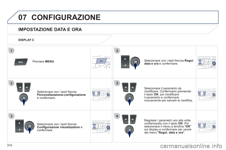 Peugeot 508 2011  Manuale del proprietario (in Italian) 310
5
63
4
07
2
1
  CONFIGURAZIONE 
 
 
 
 
 
 
 
 
 
 
IMPOSTAZIONE DATA E ORA 
 
 
Selezionare il parametro da 
modiﬁ care. Confermarlo premendo 
il tasto  OK 
, poi modiﬁ care 
il parametro e c