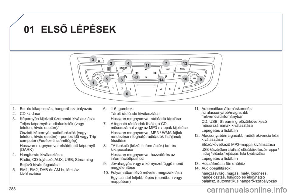 Peugeot 508 2011  Kezelési útmutató (in Hungarian) 288
01
1
274
5
6
3
8910
1311
1214
  ELSŐ LÉPÉSEK
1.   Be- és kikapcsolás, hangerő-szabályozás
2.  
CD kiadása 
3.  Képern
yőn kijelzett üzemmód kiválasztása:  
Te l
jes képernyő: audi