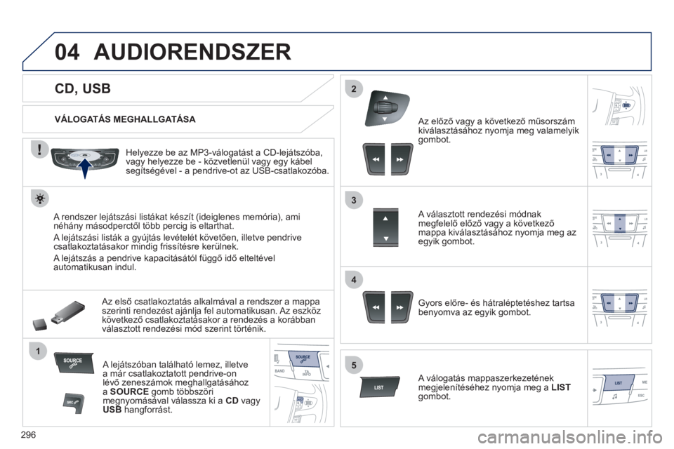 Peugeot 508 2011  Kezelési útmutató (in Hungarian) 296
04
1
3
2
4
5
   
 
 
 
 
 
 
 
 
 
 
 
CD, USB 
AUDIORENDSZER
 
 VÁLOGATÁS MEGHALLGATÁSA 
 
   
Hel
yezze be az MP3-válogatást a CD-lejátszóba,
vagy helyezze be - közvetlenül vagy egy ká