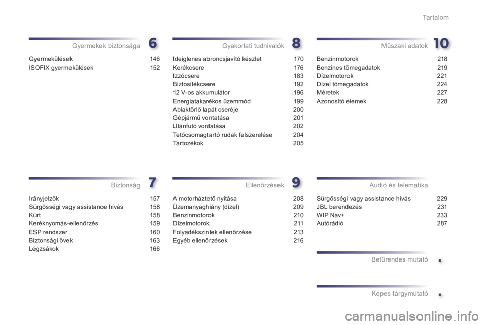 Peugeot 508 2011  Kezelési útmutató (in Hungarian) .
.
Ta r t a l o m
Gyermekülések 146
ISOFIX gyermekülések 152
Gyermekek biztonsága
Irányjelzők 157
Sürgősségi vagy assistance hívás  158
Kürt 158
Keréknyomás-ellenőrzés 159
ESP rendsz