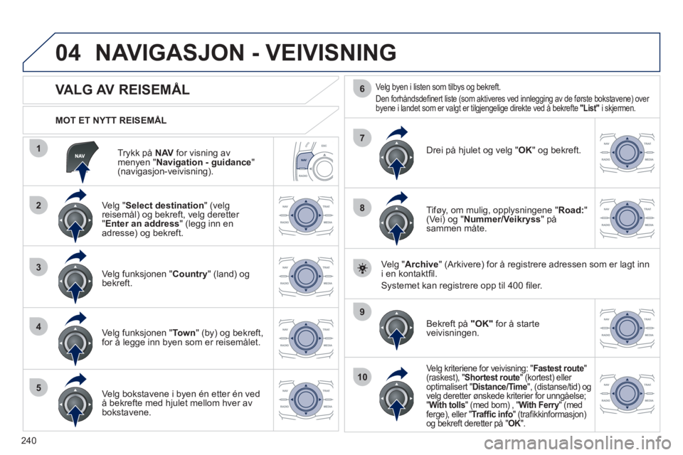 Peugeot 508 2011 Brukerhåndbok (in Norwegian) 240
04
1
2
3
4
5
7
9
10
8
6
Trykk på NAVfor visning av
menyen " Navigation - guidance
" (navigasjon-veivisning).
MOT ET NYTT REISEM
ÅL
NAVIGASJON - VEIVISNING
VALG Peugeot 508 2011 Brukerhåndbok (in Norwegian) 240
04
1
2
3
4
5
7
9
10
8
6
Trykk på NAVfor visning av
menyen " Navigation - guidance
" (navigasjon-veivisning).
MOT ET NYTT REISEM
ÅL
NAVIGASJON - VEIVISNING
VALG