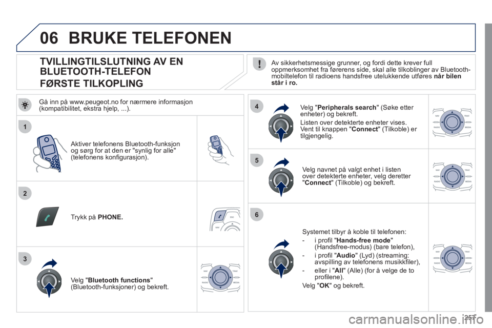 Peugeot 508 2011 Brukerhåndbok (in Norwegian) 257
1
2
5
6
3
4
06
TVILLINGTILSLUTNING AV EN
BLUETOOTH-TELEFON
FØRSTE TILKOPLING
Av sikkerhetsmessige grunner, og fordi dette krever fulloppmerksomhet fra føre Peugeot 508 2011 Brukerhåndbok (in Norwegian) 257
1
2
5
6
3
4
06
TVILLINGTILSLUTNING AV EN
BLUETOOTH-TELEFON
FØRSTE TILKOPLING
Av sikkerhetsmessige grunner, og fordi dette krever fulloppmerksomhet fra føre