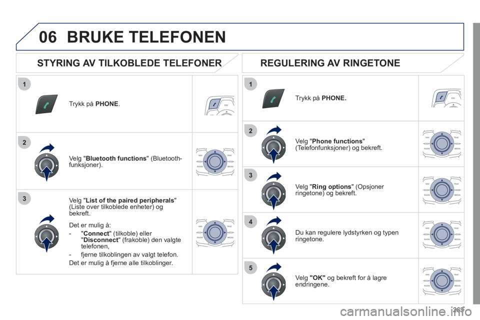 Peugeot 508 2011  Brukerhåndbok (in Norwegian) 263
1
2
3
1
2
3
4
5
06
Trykk på  PHONE.
Velg "List of the paired peripherals " (Liste over tilkoblede enheter) og bekreft.
Det er muli
g å: 
-
"Connect" (tilkoble) eller " Disconnect  " (frakoble) d