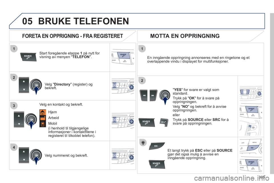 Peugeot 508 2011 Brukerhåndbok (in Norwegian) 305
1
2
1
4
2
3
05BRUKE TELEFONEN
Start foregående etappe 1på nytt for
visning av menyen "TELEFON".
Ve lg " Directory" (register) og bekreft.
En inn
gående oppringning annonseres me Peugeot 508 2011 Brukerhåndbok (in Norwegian) 305
1
2
1
4
2
3
05BRUKE TELEFONEN
Start foregående etappe 1på nytt for
visning av menyen "TELEFON".
Ve lg " Directory" (register) og bekreft.
En inn
gående oppringning annonseres me