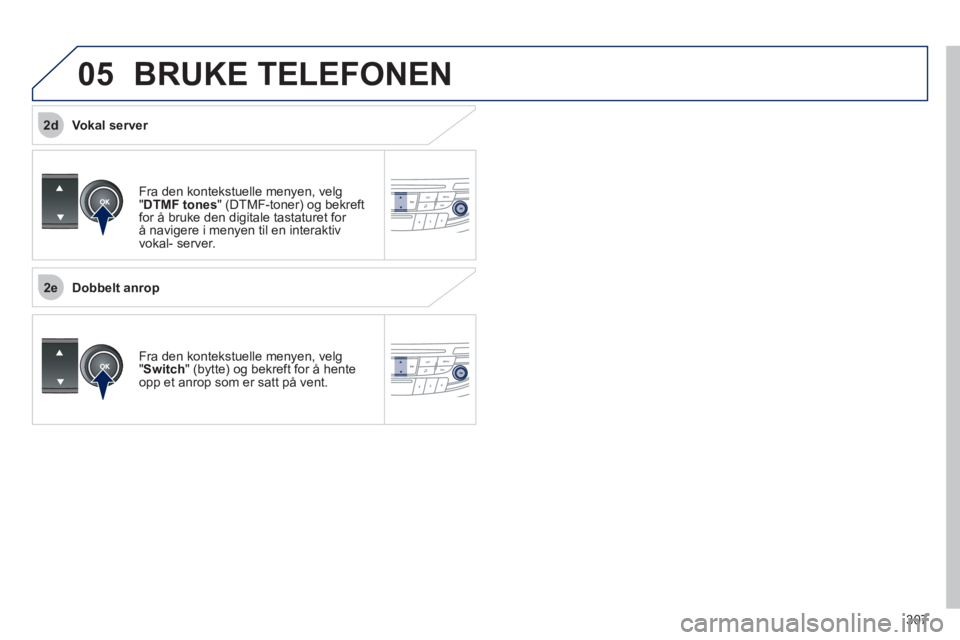 Peugeot 508 2011  Brukerhåndbok (in Norwegian) 307
 
2e
2d
05 BRUKE TELEFONEN 
Fra den kontekstuelle menyen, velg"DTMF tones  " (DTMF-toner) og bekreftfor å bruke den digitale tastaturet for å navigere i menyen til en interaktiv 
vokal- server.
